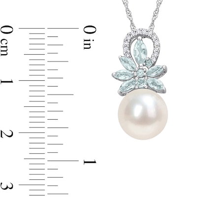 9.5-10.0mm Freshwater Cultured Pearl, Aquamarine, and 0.065 CT. T.W. Diamond Flower Pendant in 14K White Gold-17"