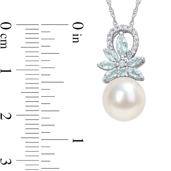 9.5-10.0mm Freshwater Cultured Pearl, Aquamarine, and 0.065 CT. T.W. Diamond Flower Pendant in 14K White Gold-17"