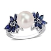 Thumbnail Image 1 of 9.0-9.5mm Freshwater Cultured Pearl, Blue Sapphire, and 0.13 CT. T.W. Diamond Flower Ring in 14K White Gold