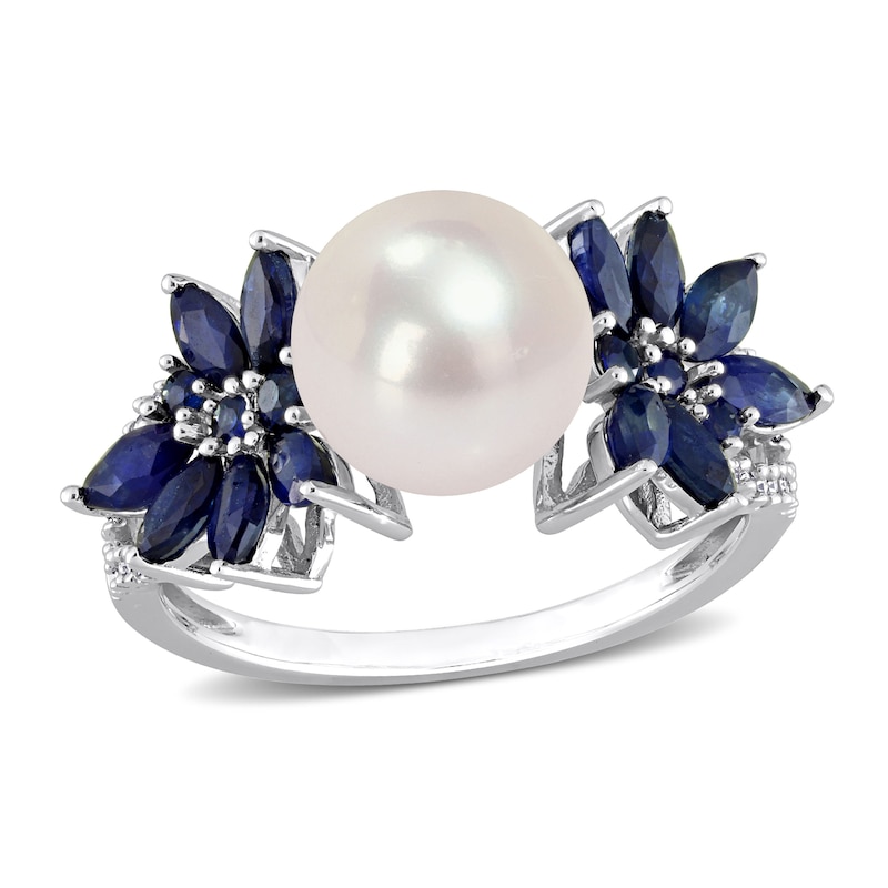 Main Image 1 of 9.0-9.5mm Freshwater Cultured Pearl, Blue Sapphire, and 0.13 CT. T.W. Diamond Flower Ring in 14K White Gold