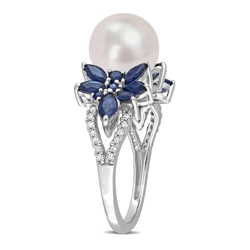 Main Image 3 of 9.0-9.5mm Freshwater Cultured Pearl, Blue Sapphire, and 0.13 CT. T.W. Diamond Flower Ring in 14K White Gold