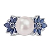 Thumbnail Image 4 of 9.0-9.5mm Freshwater Cultured Pearl, Blue Sapphire, and 0.13 CT. T.W. Diamond Flower Ring in 14K White Gold