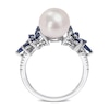 Thumbnail Image 5 of 9.0-9.5mm Freshwater Cultured Pearl, Blue Sapphire, and 0.13 CT. T.W. Diamond Flower Ring in 14K White Gold