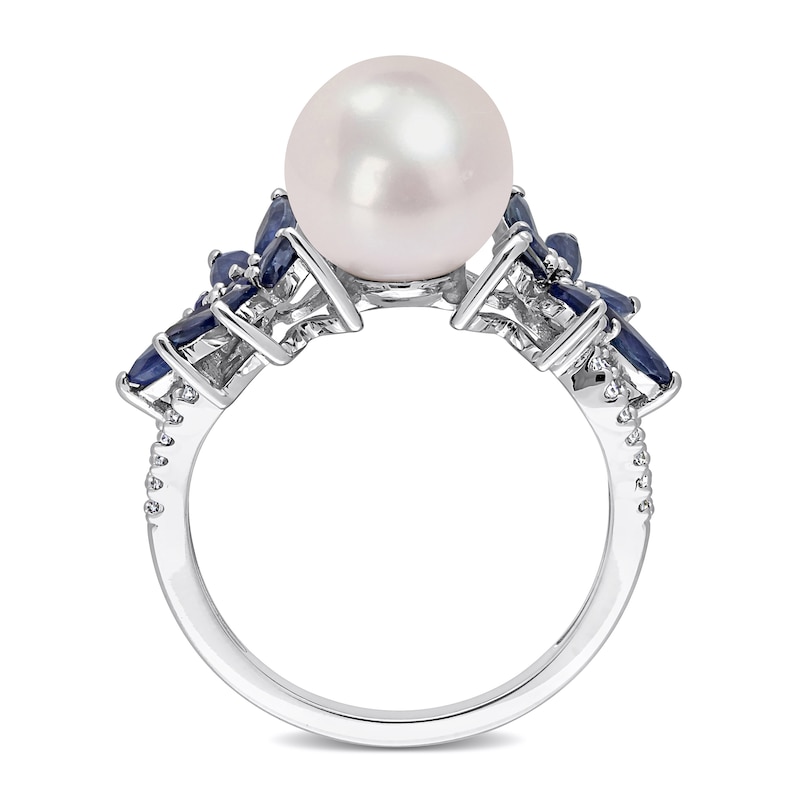 Main Image 5 of 9.0-9.5mm Freshwater Cultured Pearl, Blue Sapphire, and 0.13 CT. T.W. Diamond Flower Ring in 14K White Gold