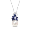 9.5-10.0mm Freshwater Cultured Pearl, Blue Sapphire, and 0.065 CT. T.W. Diamond Flower Pendant in 14K White Gold-17"