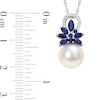 9.5-10.0mm Freshwater Cultured Pearl, Blue Sapphire, and 0.065 CT. T.W. Diamond Flower Pendant in 14K White Gold-17"