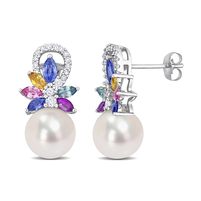 9.0-9.5mm Freshwater Cultured Pearl, Multi-Coloured Sapphire, and 0.13 CT. T.W. Diamond Drop Earrings in 14K White Gold