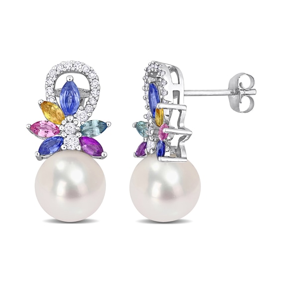 9.0-9.5mm Freshwater Cultured Pearl, Multi-Coloured Sapphire, and 0.13 CT. T.W. Diamond Drop Earrings in 14K White Gold