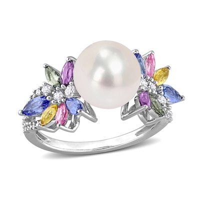 9.0-9.5mm Freshwater Cultured Pearl, Multi-Coloured Sapphire, and 0.13 CT. T.W. Diamond Flower Ring in 14K White Gold