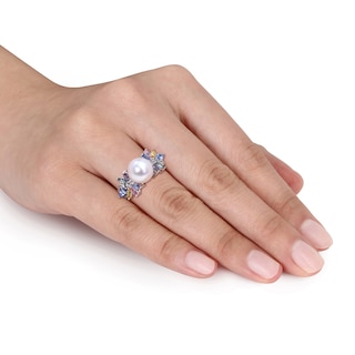 9.0-9.5mm Freshwater Cultured Pearl, Multi-Coloured Sapphire, and 0.13 CT. T.W. Diamond Flower Ring in 14K White Gold