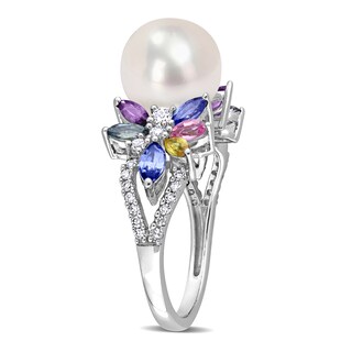 9.0-9.5mm Freshwater Cultured Pearl, Multi-Coloured Sapphire, and 0.13 CT. T.W. Diamond Flower Ring in 14K White Gold