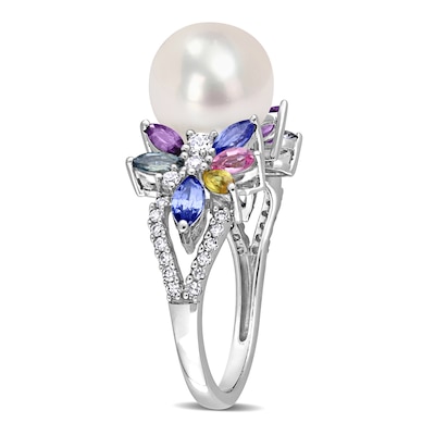 9.0-9.5mm Freshwater Cultured Pearl, Multi-Coloured Sapphire, and 0.13 CT. T.W. Diamond Flower Ring in 14K White Gold