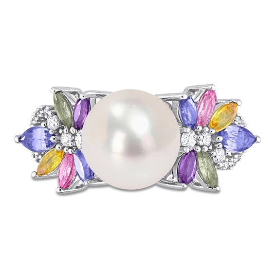 9.0-9.5mm Freshwater Cultured Pearl, Multi-Coloured Sapphire, and 0.13 CT. T.W. Diamond Flower Ring in 14K White Gold