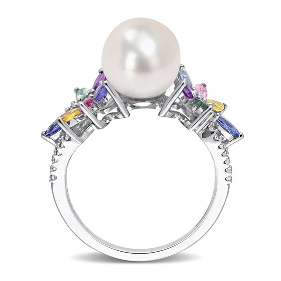 9.0-9.5mm Freshwater Cultured Pearl, Multi-Coloured Sapphire, and 0.13 CT. T.W. Diamond Flower Ring in 14K White Gold