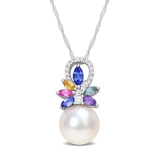 9.5-10.0mm Freshwater Cultured Pearl, Multi-Coloured Sapphire, and 0.065 CT. T.W. Diamond Pendant in 14K White Gold-17"