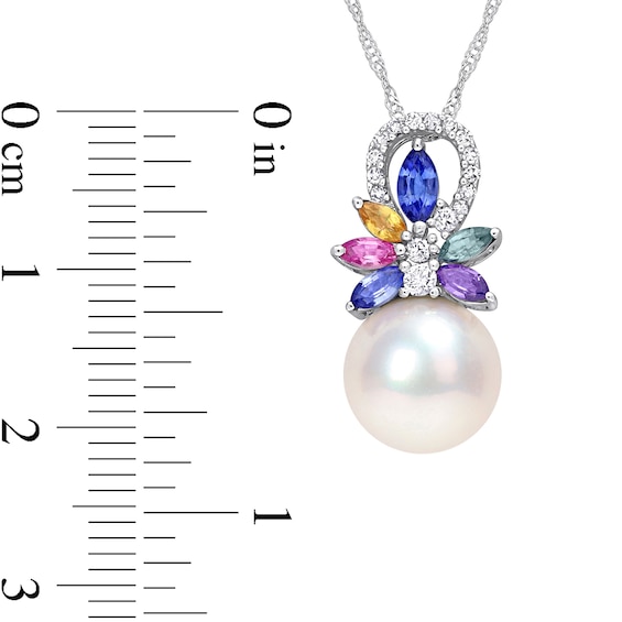 9.5-10.0mm Freshwater Cultured Pearl, Multi-Coloured Sapphire, and 0.065 CT. T.W. Diamond Pendant in 14K White Gold-17"