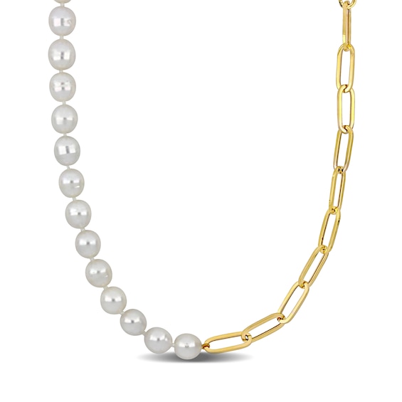 8.0-9.0mm South Sea Cultured Pearl Halved Beaded Strand Paper Clip Link Necklace in 14K Gold