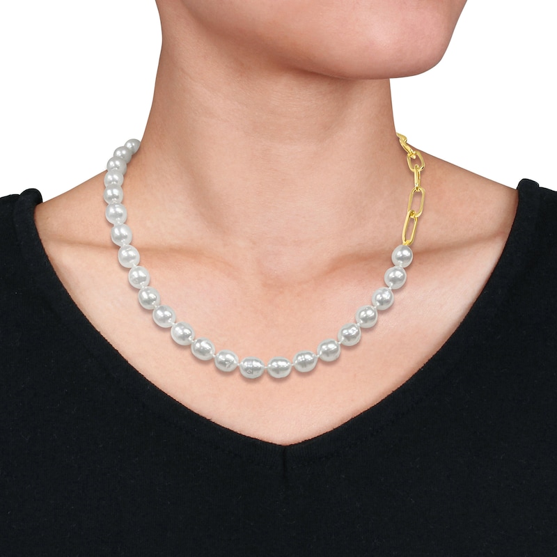 8.0-9.0mm South Sea Cultured Pearl Halved Beaded Strand Paper Clip Link Necklace in 14K Gold|Peoples Jewellers