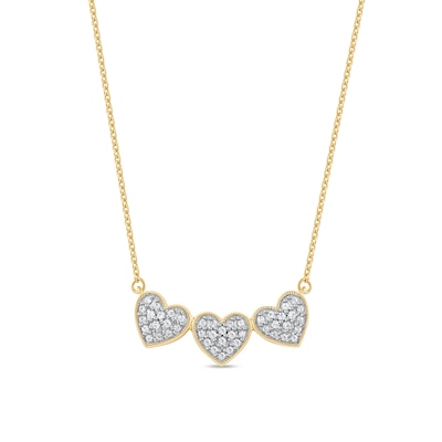 0.16 CT. T.W. Diamond Triple Heart Bead Frame Necklace in Sterling Silver with 14K Gold Plate