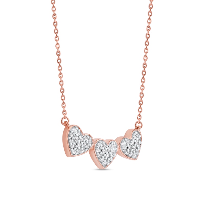 0.16 CT. T.W. Diamond Triple Heart Bead Frame Necklace in Sterling Silver with 14K Rose Gold Plate