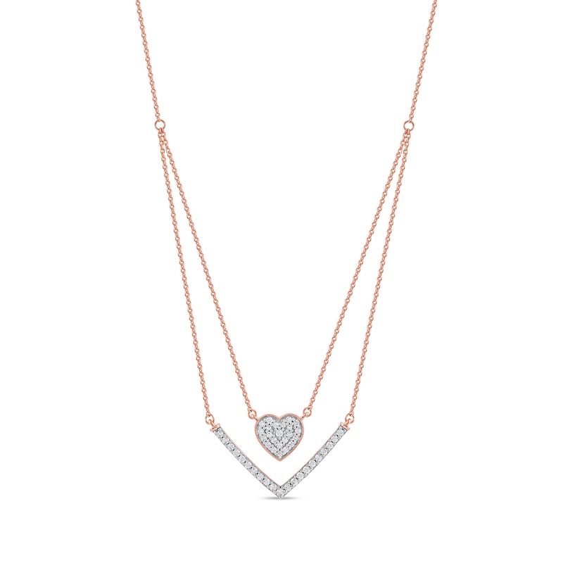 0.33 C.T. T.W. Diamond Heart and Chevron Double Strand Necklace in 10K Rose Gold|Peoples Jewellers
