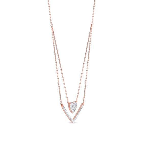 0.33 C.T. T.W. Diamond Heart and Chevron Double Strand Necklace in 10K Rose Gold