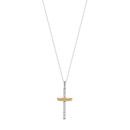 0.10 CT. T.W. Diamond Flower and Leaves Cross Pendant in Sterling Silver with 14K Gold Plate