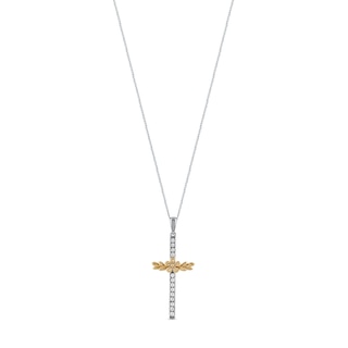 0.10 CT. T.W. Diamond Flower and Leaves Cross Pendant in Sterling Silver with 14K Gold Plate