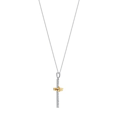 0.10 CT. T.W. Diamond Flower and Leaves Cross Pendant in Sterling Silver with 14K Gold Plate