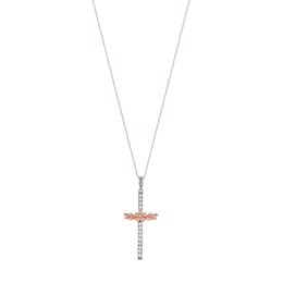 0.10 CT. T.W. Diamond Flower and Leaves Cross Pendant in Sterling Silver and 14K Rose Gold Plate