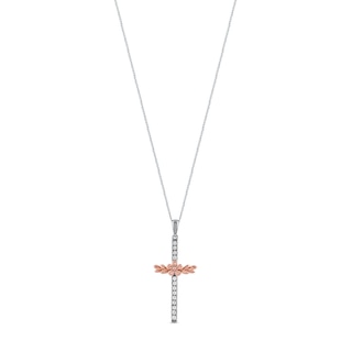 0.10 CT. T.W. Diamond Flower and Leaves Cross Pendant in Sterling Silver and 14K Rose Gold Plate