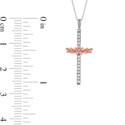 0.10 CT. T.W. Diamond Flower and Leaves Cross Pendant in Sterling Silver and 14K Rose Gold Plate