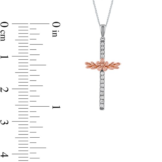 0.10 CT. T.W. Diamond Flower and Leaves Cross Pendant in Sterling Silver and 14K Rose Gold Plate