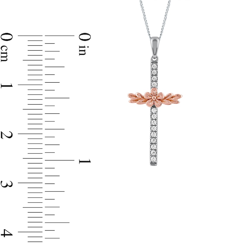 0.10 CT. T.W. Diamond Flower and Leaves Cross Pendant in Sterling Silver and 14K Rose Gold Plate|Peoples Jewellers