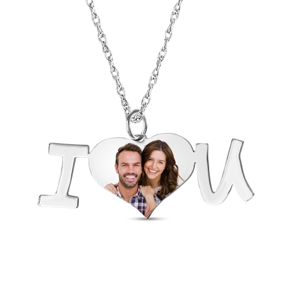 Engravable Photo Heart "I Love U" Pendant in Sterling Silver (1 Image and 1 Line)