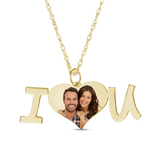 Engravable Photo Heart "I Love U" Pendant in 10K White, Yellow, or Rose Gold (1 Image and 1 Line)