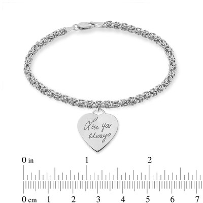 Engravable Your Own Handwriting Heart Charm Bracelet in Sterling Silver (1 Image) - 7.5"