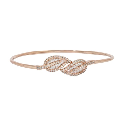 0.80 CT. T.W. Baguette and Round Leaf Flexible Bangle in Sterling Silver with 14K Rose Gold Plate