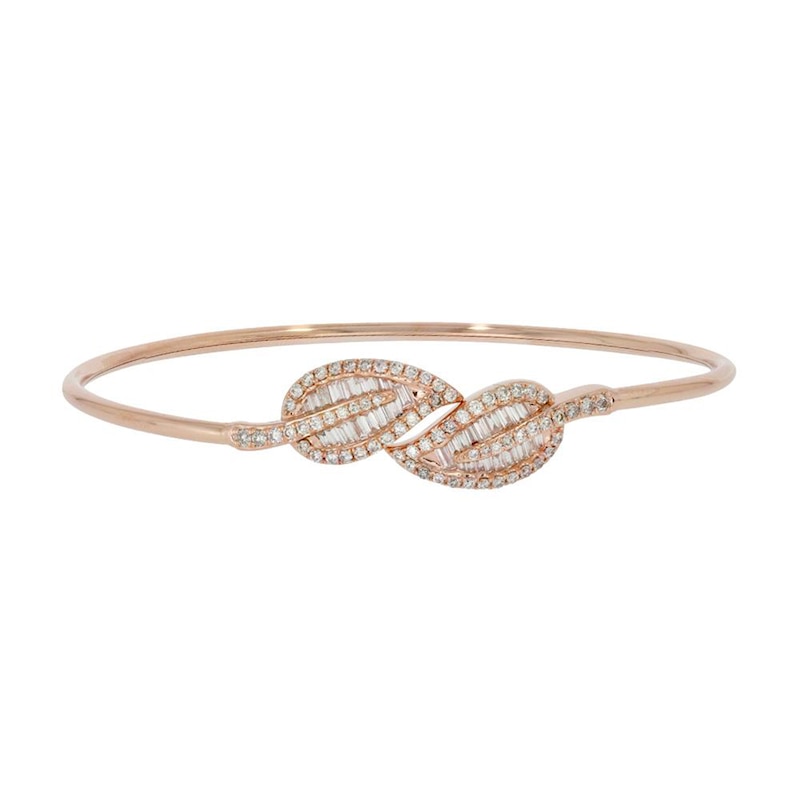 0.80 CT. T.W. Baguette and Round Leaf Flexible Bangle in Sterling Silver with 14K Rose Gold Plate|Peoples Jewellers