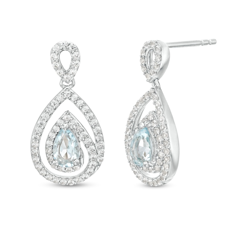Pear-Shaped Aquamarine and White Lab-Created Sapphire Spiral Frame Drop Earrings in Sterling Silver|Peoples Jewellers