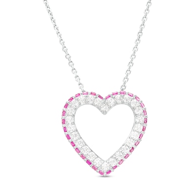 Pink and White Lab-Created Sapphire Heart Outline Pendant in Sterling Silver