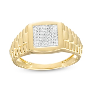 Men's 0.15 CT. T.W. Square-Shaped Multi-Diamond Ribbed Shank Ring in 10K Two-Tone Gold