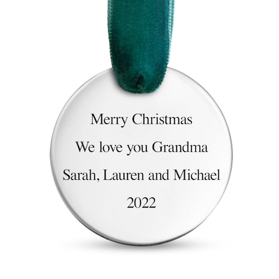 Photo Engravable Christmas Tree Ornament in Sterling Silver with Velvet Ribbon (1 Image and 4 Lines)