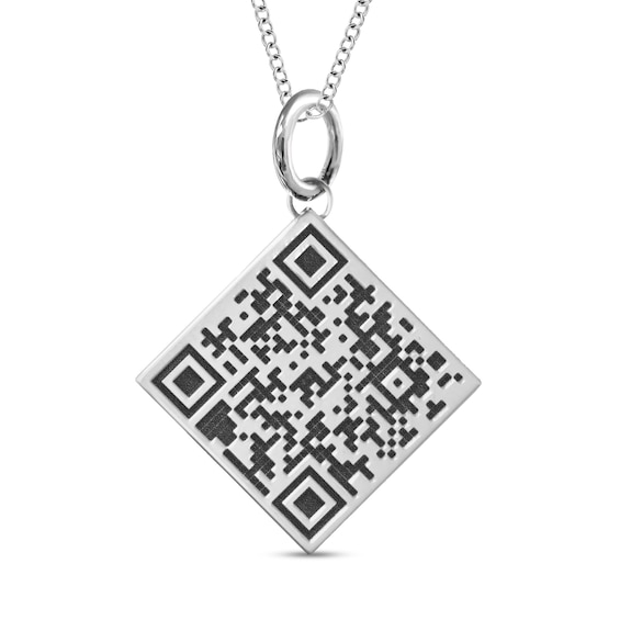 QR Code Engravable Tilted Square Pendant in Sterling Silver (1 Message and Line)