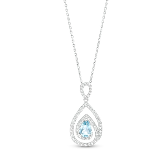 Pear-Shaped Aquamarine and White Lab-Created Sapphire Swirl Frame Pendant in Sterling Silver