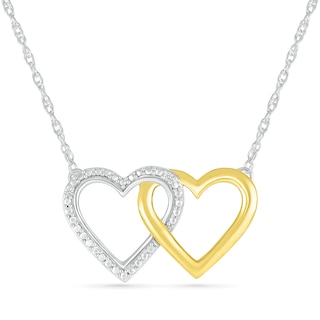 Diamond Accent Double Linked Heart Necklace in Sterling Silver and 14K Gold Plate