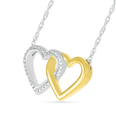 Diamond Accent Double Linked Heart Necklace in Sterling Silver and 14K Gold Plate