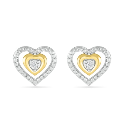 Diamond Accent Double Heart Stud Earrings in Sterling Silver and 14K Gold Plate