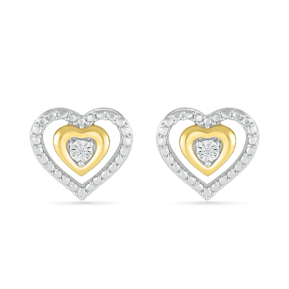 Diamond Accent Double Heart Stud Earrings in Sterling Silver and 14K Gold Plate