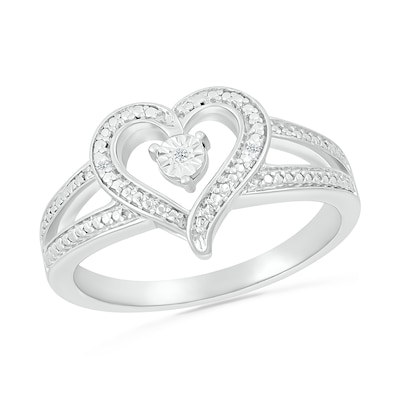 Diamond Accent Heart Open Split Shank Ring in Sterling Silver